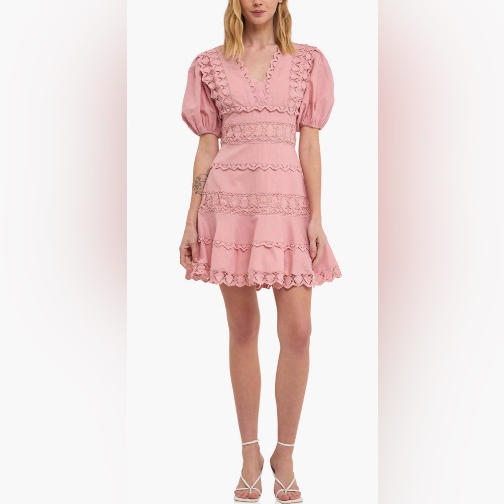 Endless Rose Plunge Neck Cotton & Linen Dress in Dusty Pink Size XS